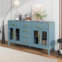 Latitude Run® Antique Blue Retro Sideboard: 6-Drawer, 2-Cabinet With , Gold Handles, And Solid Wood Legs