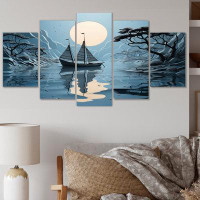 Design Art Blue Boat Collage - Transportation Metal Wall Art Prints Set