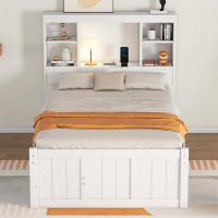 Red Barrel Studio Twin Size Platform Bed with Storage Headboard, Charging Station, Twin Size Trundle and 3 Drawers