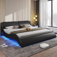 Ivy Bronx California King Bed Frame With Headboard And Led Lights Modern Faux Leather Cali King Led Bed Frame Low Profil