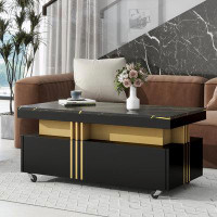 Ivy Bronx Coffee Table with Faux Marble Top, Rectangle Cocktail Table with Caster Wheels