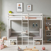 Latitude Run® Twin Over Twin Bunk Beds Can Be Turn Into Upper Bed And Down Desk For Kids, Teens, Free Cushion Sets, Whit