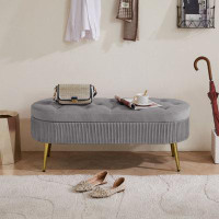 Mercer41 Storage Bench Velvet Suit A Bedroom Soft Mat Tufted Bench Sitting Room Porch Oval Footstool Gray