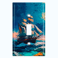 WorldAcc Metal Light Switch Plate Outlet Cover (Rustic Sea Ship Boat Blue Ocean Art - Single Toggle)