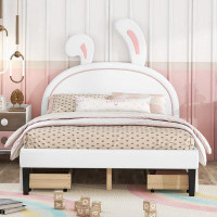 Trinx Upholstered Leather Platform Bed with Rabbit Ornament and 4 Drawers