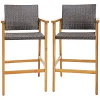Ebern Designs Ebern Designs 2pcs Patio Pe Wicker Bar Chairs Height Barstools With Acacia Wood Armrests Balcony