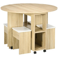 5 PIECES DINING TABLE SET, KITCHEN TABLE AND CHAIRS FOR 4 WITH DROP LEAF TABLE ON WHEELS, STOOLS, STORAGE, OAK