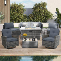 Latitude Run® 8-Piece Dark Grey Wicker Patio Fire Pit Conversation Set with Swivel Chairs, Light Grey Cushions