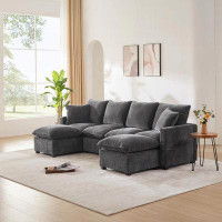 Ebern Designs 110" U Shape Modular Sofa, 6 Seat Chenille Sectional Couch Set with 2 Pillows Included