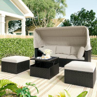 Latitude Run® Outdoor Patio Rectangle Daybed With Retractable Canopy, Wicker Furniture Sectional Seating With Washable C