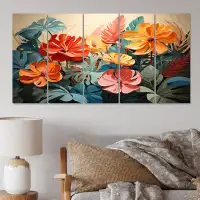 Design Art Orange Green Tropical Plants V - Tropical Canvas Wall Art - 5 Equal Panels