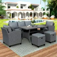 Wildon Home® 6-Piece Outdoor Rattan Wicker Set Patio Garden Backyard Sofa, Chair, Stools And Table(Grey Rattan+Grey Cush