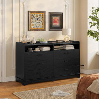 Ebern Designs 6 Drawers Dresser For Bedroom, Modern Chests Of Drawers, Black Double Dresser With Drawers And Cubby, 14.6