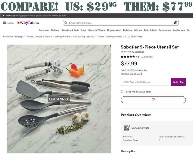 SABATIER® 5-PIECE STAINLESS STEEL KITCHEN SET -- Includes can opener, tongs, spoons, and turner! -- Only $29.95 per set! in Kitchen & Dining Wares - Image 3