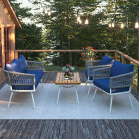 George Oliver 4-Piece Patio Furniture Set with Acacia Wood Table and steel frame