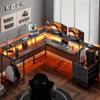 Ivy Bronx Ivy Bronx L Shaped Gaming Desk With Led Lights And Power Outlets, Computer Desk With 3 Drawers, 66.1 Inches Co