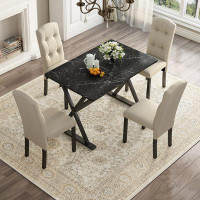 Winston Porter Solid Wood 5-Piece Dining Table Set with Faux Marble Tabletop and Upholstered Dining Chairs