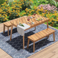 George Oliver 3 Pieces Acacia Wood Table Bench Dining Set For Outdoor