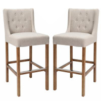 Red Barrel Studio Wooden Barstool With Padded Seat, Button Tufted, Wing Back, Set Of 2, Beige And Brown