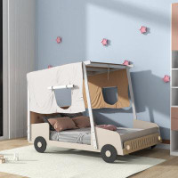 Zoomie Kids Wood Car Bed With Pillow, Ceiling Cloth And LED