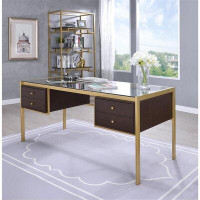 Everly Quinn Writing Desk, Computer Desk, With 4 Storage Drawers ,Desk In Gold & Clear Glass