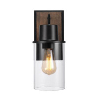 Globe Electric Company 1-Light Matte Black and Faux Wood Outdoor Wall Sconce with Clear Glass Shade