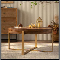 17 Stories Modern Retro Splicing Round Coffee Table,Fir Wood Table Top with Gold Cross Legs Base