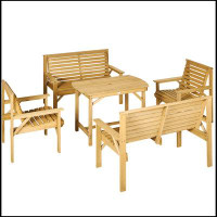 Rosecliff Heights 5 Piece Wooden Patio Dining Set for 6, Outdoor Conversation Set with 2 Armchairs, 2 Loveseats