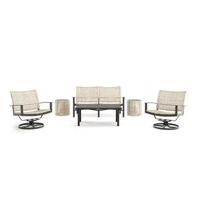Winston Jasper Loveseat, Swivel Lounge Chair and Drum Stool/Side Table 6 Piece Rattan Seating Group