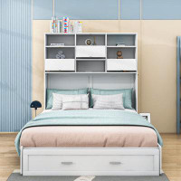 Wildon Home® Halia Queen Size Wood Murphy Bed with Shelves and a Drawer