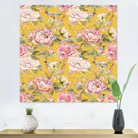 East Urban Home Pink Chinese Roses On Yellow - Patterned Canvas Wall Art Print
