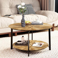 Union Rustic Round Coffee Table, Double Layer Coffee Table with Open Storage Space, Living Room Table