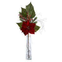 The Holiday Aisle® 32In. Poinsettia, Berries And Pine Artificial Arrangement In Glass Vase