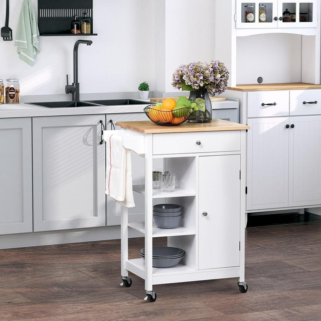 KITCHEN STORAGE TROLLEY CART UNIT WITH WOOD TOP 3 SHELVES CUPBOARD DRAWER RAIL 4 WHEELS HANDLES MOVING SHELF HANDY SPACE in Kitchen & Dining Wares
