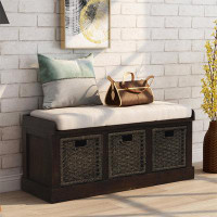 Red Barrel Studio Rustic Storage Bench With 3 Removable Classic Rattan Basket , Entryway Bench With Removable Cushion