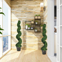 Primrue 47 In. 2-Piece Green Indoor Outdoor Decorative Artificial Boxwood Spiral Tree In Pot, Faux Fake Tree Plant