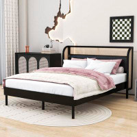 Latitude Run® Queen Size Cannage Rattan Wood Platform Bed with Upholstered Headboard