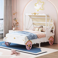 Zoomie Kids Princess Carriage Bed with Canopy, Wood Platform Car Bed with 3D Carving Pattern