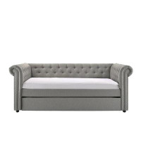 Benjara Ellen Trundle Daybed, Black Fabric Upholstery, Rolled Arms, Nailhead Trim