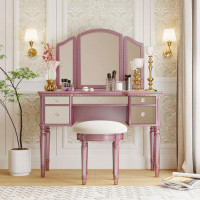 Rosdorf Park 43" Dressing Table Set With Mirrored Drawers And Stool, Tri-Fold Mirror, Makeup Vanity Set For Bedroom, Ros