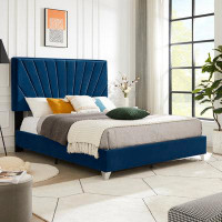 Mercer41 Beautiful Line Stripe Cushion Full Bed With Wooden Slats And Electroplated Metal Legs