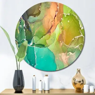 East Urban Home Green And Turquoise Abstract Marble - Modern Metal Circle Wall Art