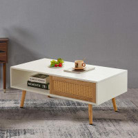 Ivy Bronx Modern Style Rattan Coffee Table with Sliding Doors and Wooden Legs