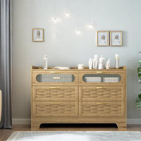Dovecove Chatou Farmhouse Dresser with Two Water-Patterned Glass Drawer and Four Woven Rattan Drawers