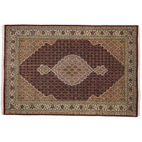 CaliComfy Handmade Oriental Formal Indo Tabriz Silk/Wool on Cotton Red/Sand - 6'7'' x 9'10''