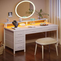 Latitude Run® Seventable Computer Desk with Power Outlets & LED Light, 47 inch Home Office Desk with 5 Drawers