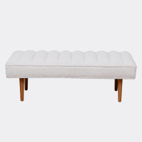 Ebern Designs Tufted Bench White Sherpa Upholstered End of Bed Benches with Wooden Legs