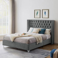House of Hampton Button Designed Headboard,Strong Wooden Slats And Metal Legs With Electroplate