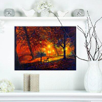 Made in Canada - East Urban Home Landscapes 'Lake and Benches in Autumn Park' Print on Wrapped Canvas