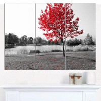 Made in Canada - Design Art 'Red Tree over Park Bench' Photographic Print Multi-Piece Image on Canvas